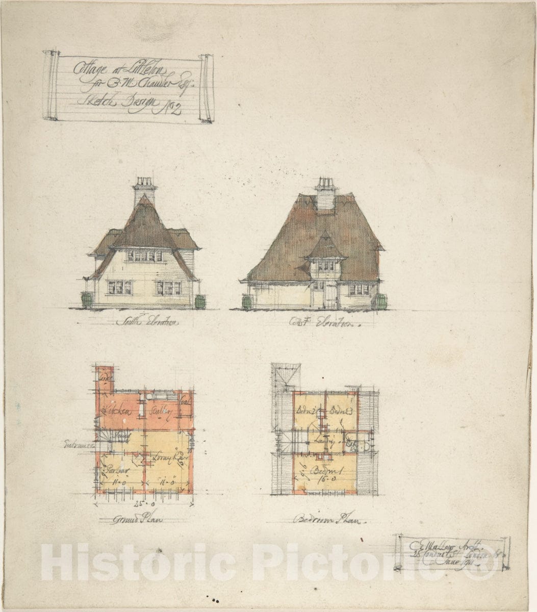 Art Print : Charles Edward Mallows - Cottage at Littleton for B.M. Chamber Esq. : Vintage Wall Art