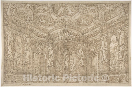 Art Print : Antonio Galli Bibiena - Design of an Interior with Portraits and Ornate Decorations. : Vintage Wall Art