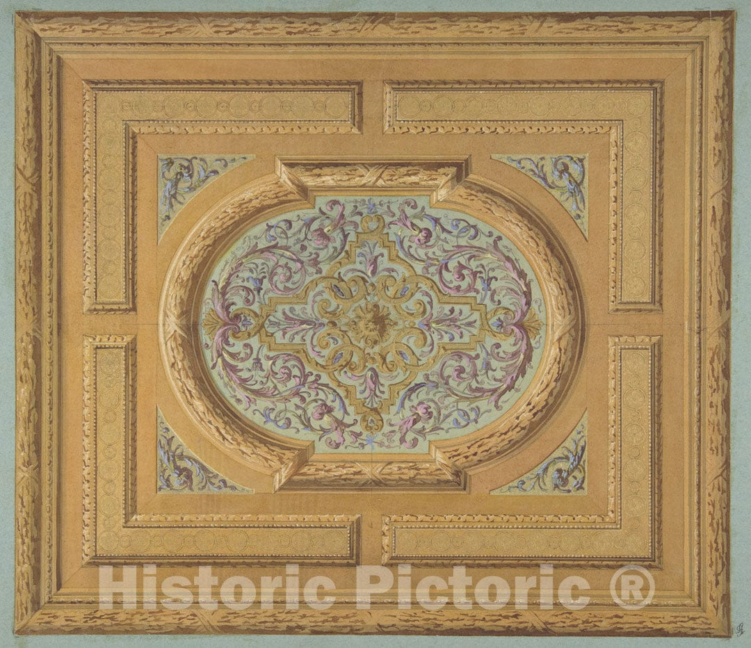 Art Print : Jules-Edmond-Charles Lachaise - Design for a Ceiling Decorated with Bands of Oak Leaves and a Central Panel of Scrolls and rinceaux : Vintage Wall Art