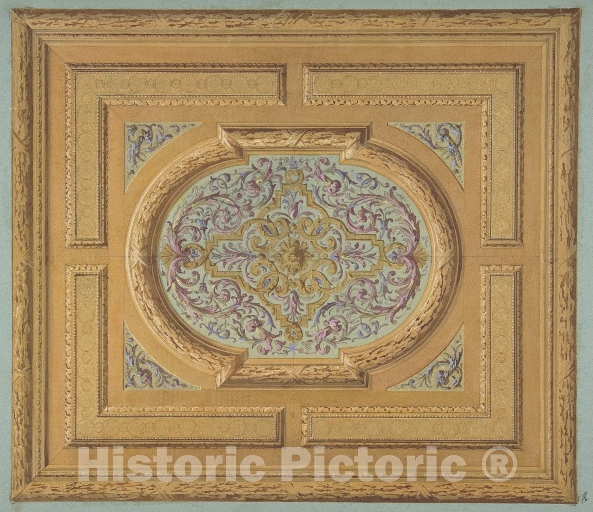 Art Print : Jules-Edmond-Charles Lachaise - Design for a Ceiling Decorated with Bands of Oak Leaves and a Central Panel of Scrolls and rinceaux : Vintage Wall Art