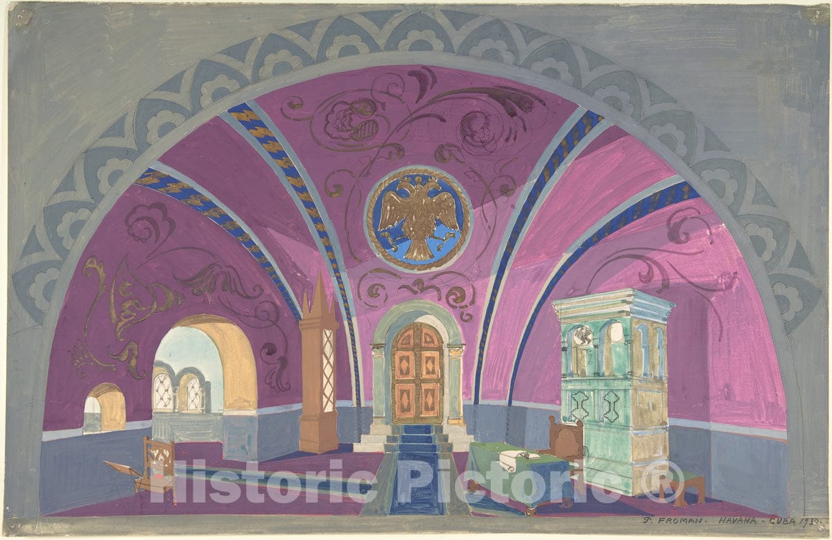 Art Print : Pavel Petrovic Froman - Stage Design Showing a Vaulted Hall with Double-Headed Bird Seal : Vintage Wall Art