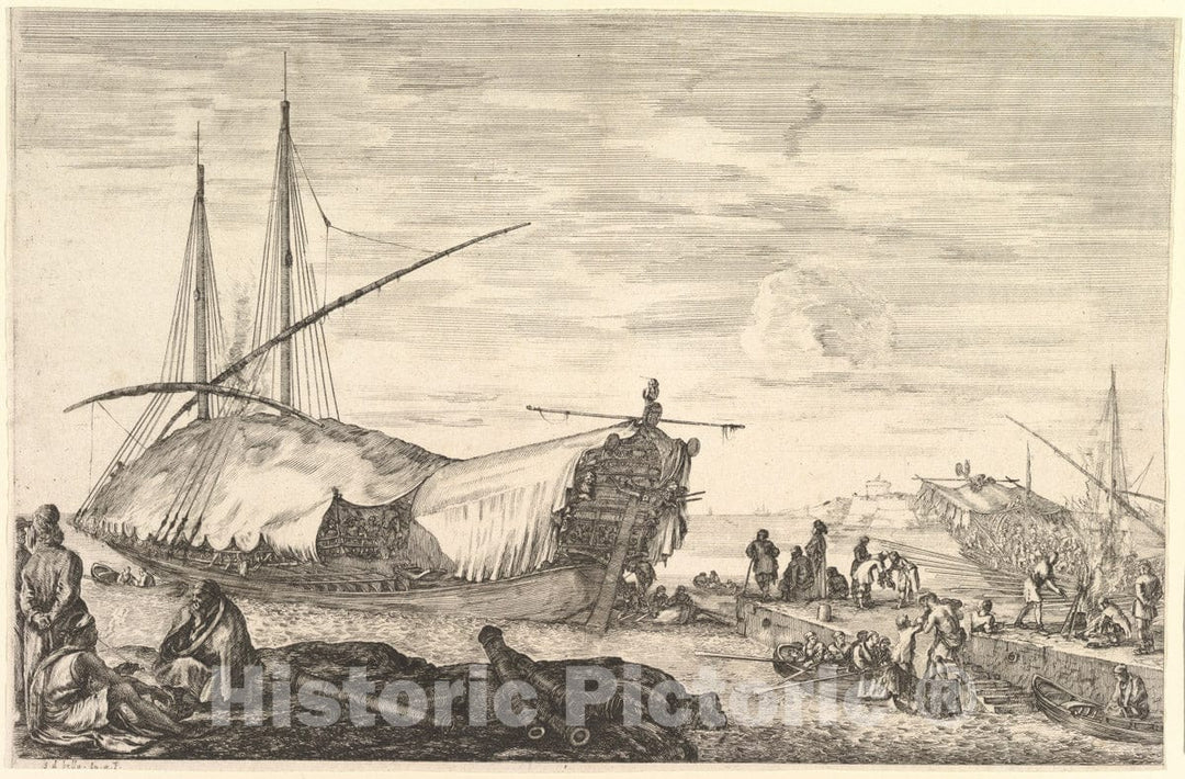 Art Print : A Galley Covered in Sails to Left, six Cannons and Four People - Artist: Stefano Della Bella - Created: c1652 : Vintage Wall Art