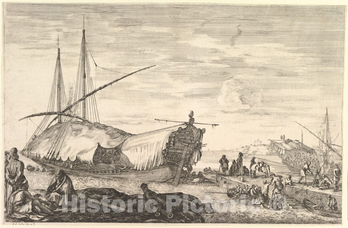 Art Print : A Galley Covered in Sails to Left, six Cannons and Four People - Artist: Stefano Della Bella - Created: c1652 : Vintage Wall Art