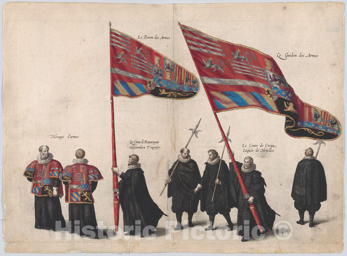 Art Print : Plate 48: Men Bearing arms and Heraldic Flags Marching in The Funeral Procession of Archduke Albert of Austria - Artist: Jacques Francquart - 1623 : Vintage Wall Art
