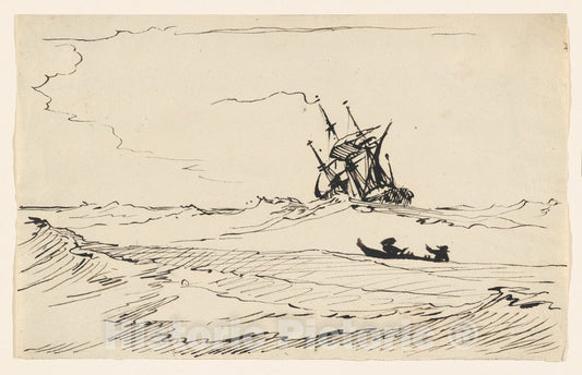 Art Print : Carl August Ehrensvärd - A Storm at Sea with a Large Ship and a Small Boat with Two Figures : Vintage Wall Art