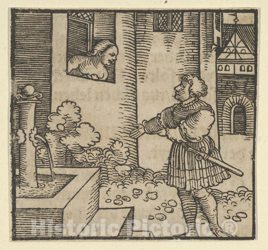 Art Print : Hans Schäufelein - Ghita Locking Out her Husband Tofano, from The Decameron : Vintage Wall Art