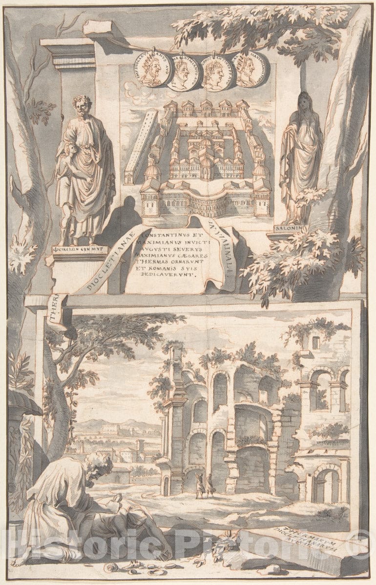 Art Print : Jan Goeree - A Reconstruction of The Thermae of Diocletian (Above) and a View of The Ruins (Below) : Vintage Wall Art