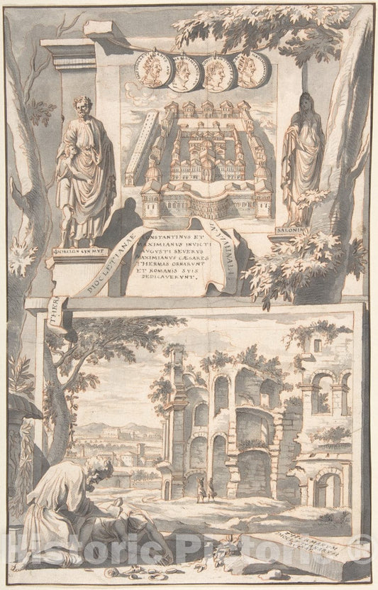 Art Print : Jan Goeree - A Reconstruction of The Thermae of Diocletian (Above) and a View of The Ruins (Below) : Vintage Wall Art
