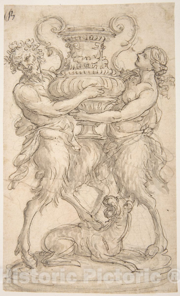 Art Print : Giovanni Battista Foggini - Design for a Sculpture consisting of a Satyr and Satyress Holding a Vase : Vintage Wall Art