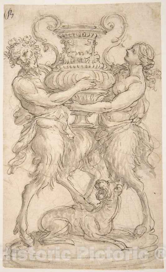 Art Print : Giovanni Battista Foggini - Design for a Sculpture consisting of a Satyr and Satyress Holding a Vase : Vintage Wall Art