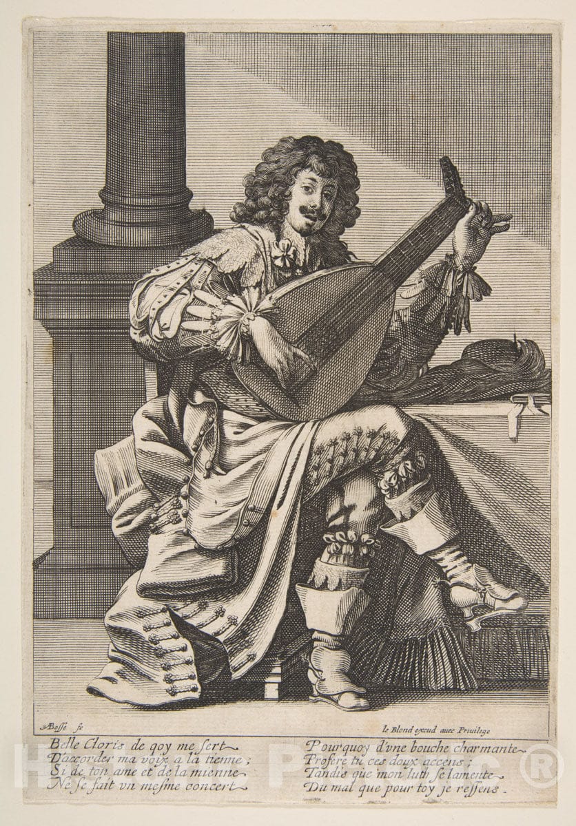 Art Print : Abraham Bosse - Man Singing and Playing a Lute : Vintage Wall Art