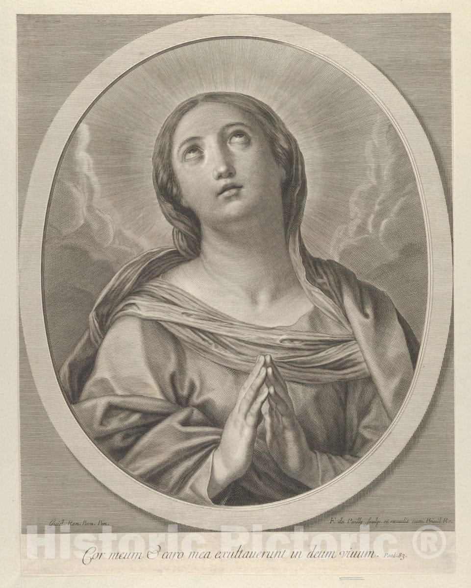 Art Print : Engraved by Francois de Poilly - The Virgin in Prayer, Looking up with Clouds Behind her, in an Oval Frame, After Reni : Vintage Wall Art