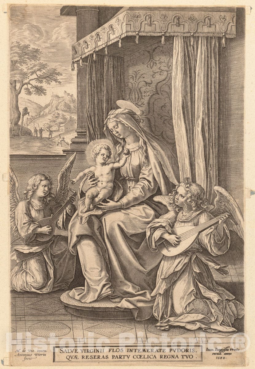 Art Print : Jan (Johannes) Wierix - Virgin and Child Enthroned with Two Musical Angels : Vintage Wall Art