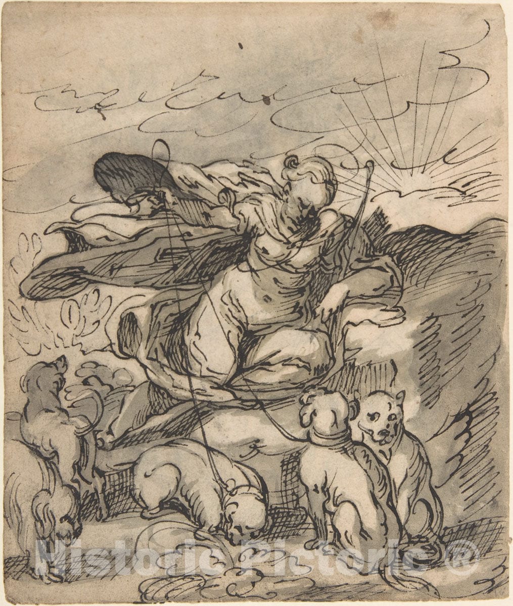 Art Print : Hermann Weyer - Recto: Diana Resting with Her Hounds; Verso: Flora Seated by a Vase with Two Harks on The Ground, After Jost Amman : Vintage Wall Art
