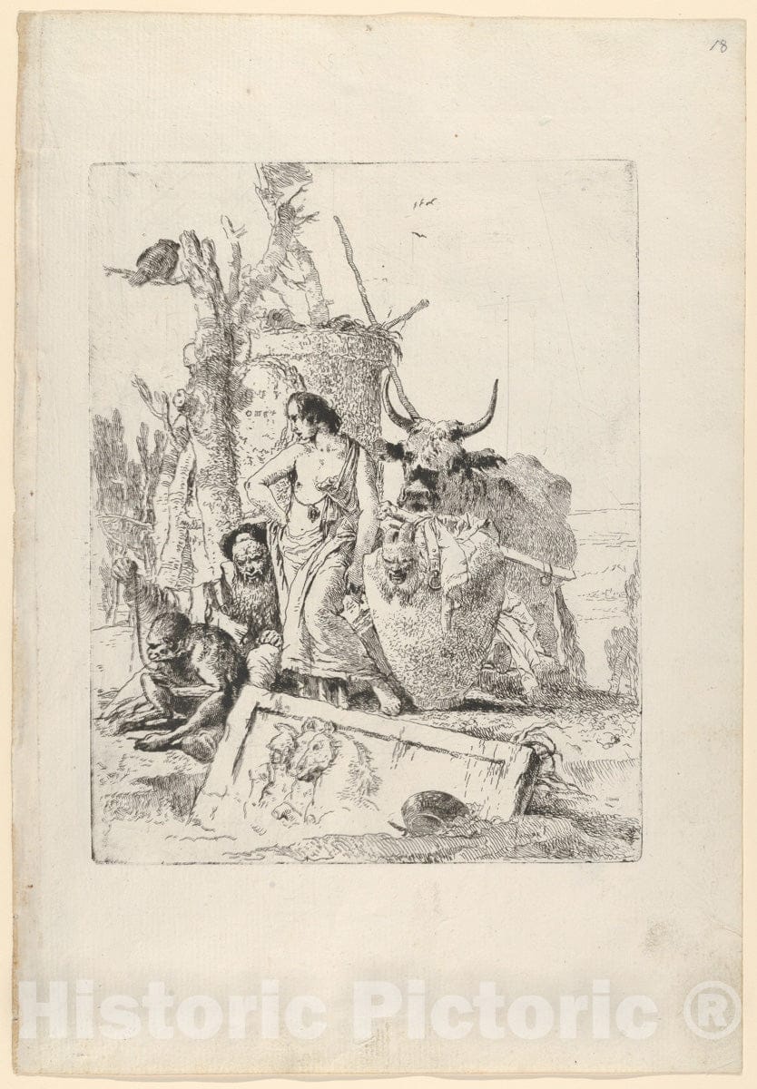 Art Print : Giovanni Battista Tiepolo - Young Shepherdess and Old Man with a Monkey, from The Scherzi 1 : Vintage Wall Art