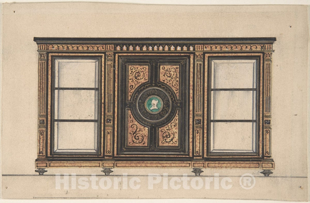 Art Print : British, 19th Century - Design for a Cabinet with Portrait Rondel : Vintage Wall Art