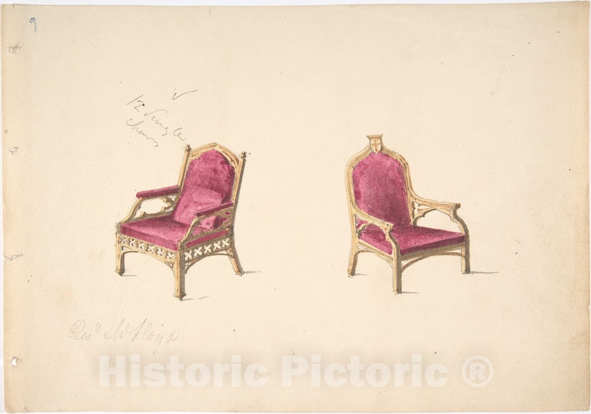 Art Print : British, 19th Century - Design for Two Medieval Style Armchairs for Rev. W. Lloyd : Vintage Wall Art