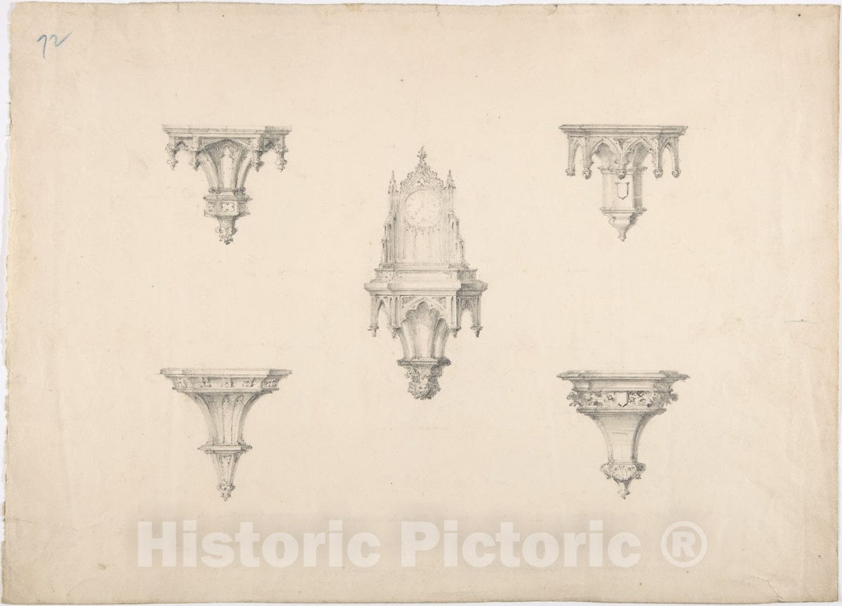 Art Print : British, 19th Century - Design for Five Medieval Brackets, The Central One Bearing a Clock : Vintage Wall Art