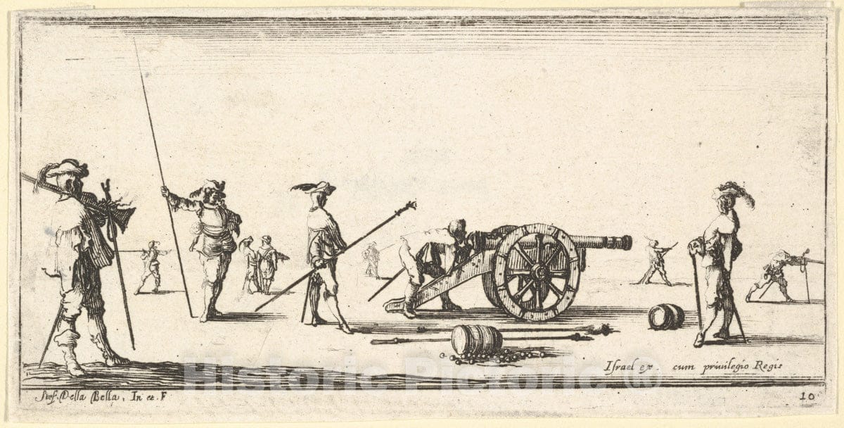 Art Print : Plate 10: a Soldier Charging a Cannon in Center - Artist: Stefano Della Bella - Created: c1640 : Vintage Wall Art