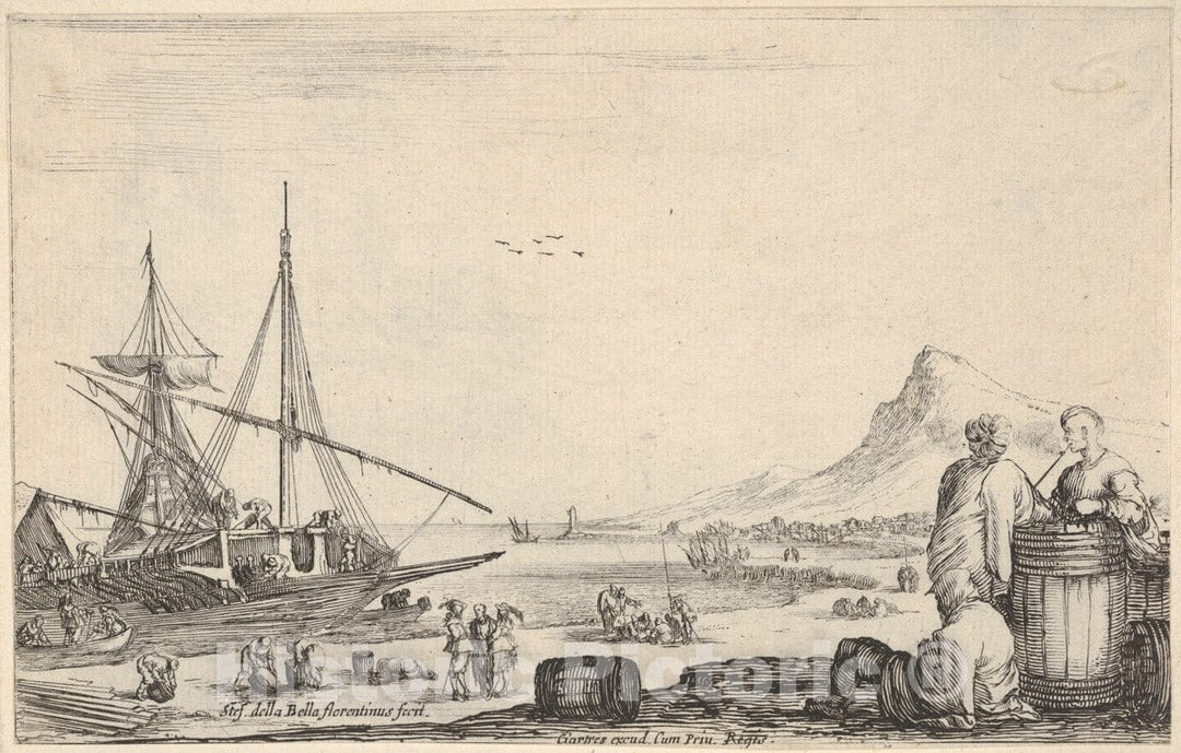 Art Print : A Ship disembarking to Left - Artist: Stefano Della Bella - Created: c1645 : Vintage Wall Art