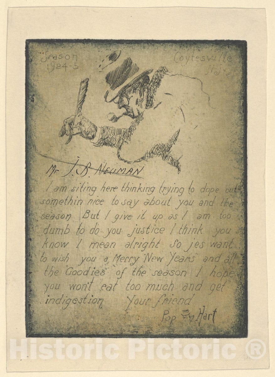 Art Print : George Overbury Pop Hart - Season's Greetings, 1924-1925, addressed to Mr. Mr. J.B. Neuman : Vintage Wall Art