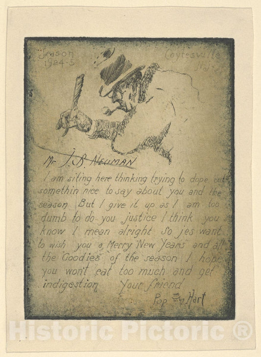 Art Print : George Overbury Pop Hart - Season's Greetings, 1924-1925, addressed to Mr. Mr. J.B. Neuman : Vintage Wall Art