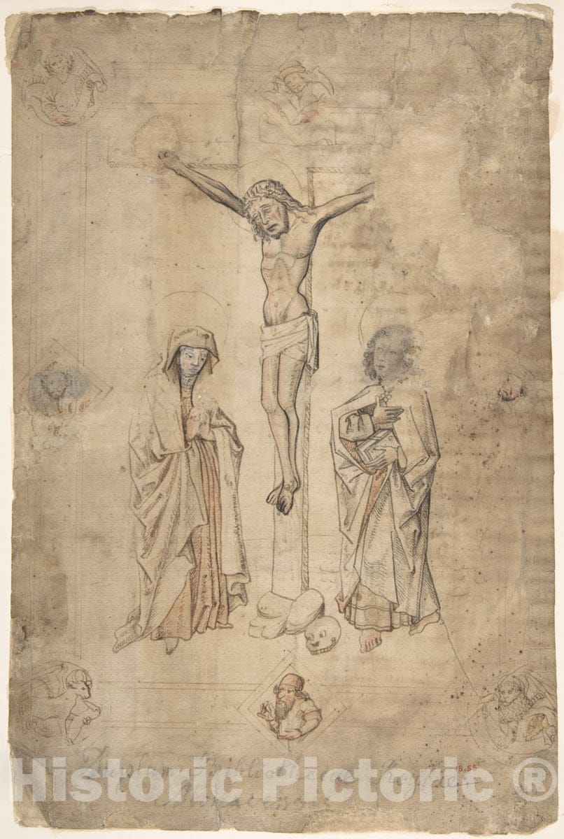 Art Print : German, 15th Century - Crucifixion with The Virgin and St. John The Evangelist : Vintage Wall Art