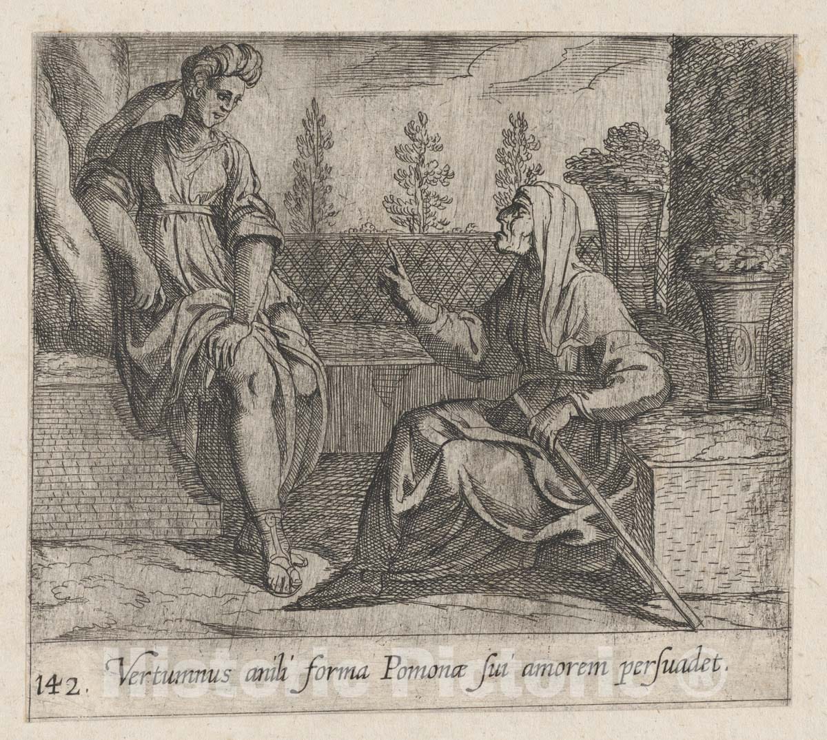 Art Print : Antonio Tempesta - Plate 142: Pomona and Vertumnus (Vertumnus anili Forma Pomonae sui amorem persuadet), from Ovid's 'Metamorphoses' : Vintage Wall Art