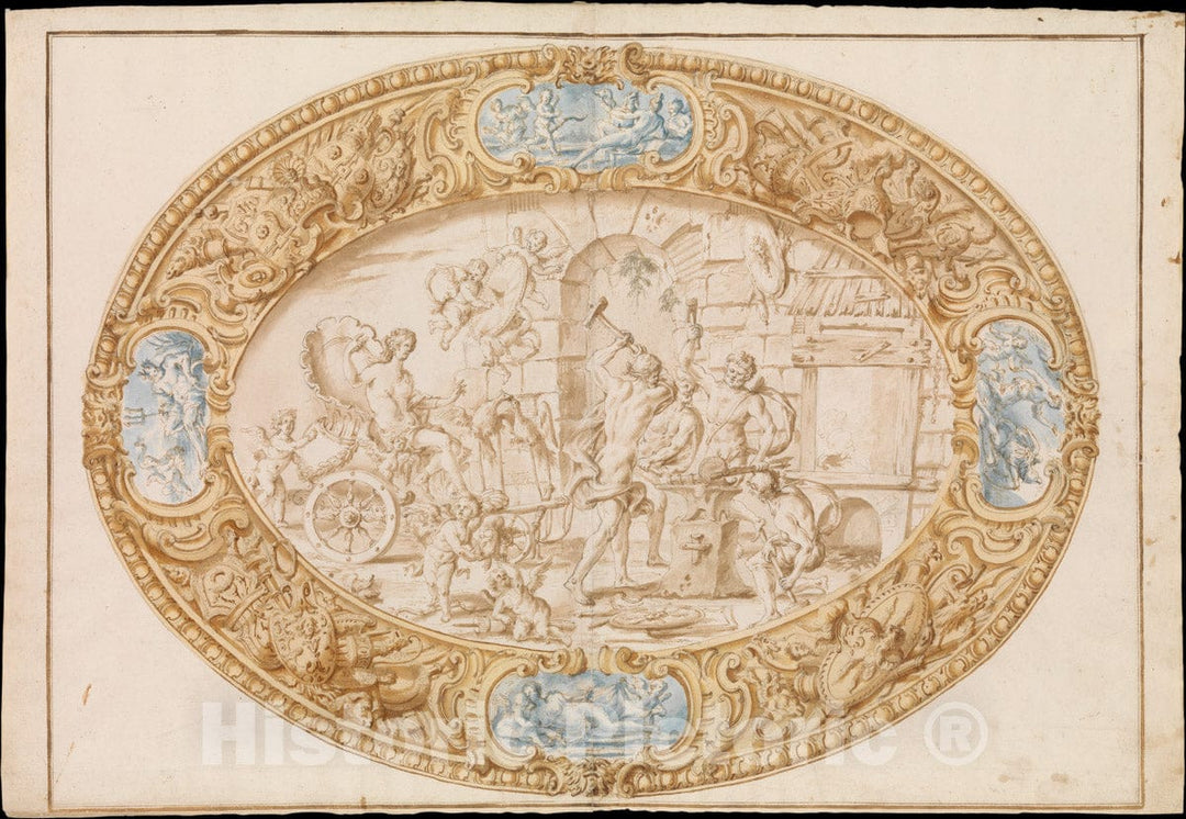 Art Print : Giovanni Giardini - Design (Full-Scale Working Drawing) for a Large Oval Silver Dish with Silver Gilt Border Showing Vulcan's Forge : Vintage Wall Art