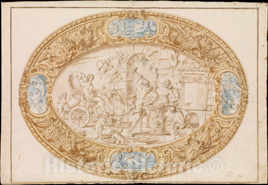 Art Print : Giovanni Giardini - Design (Full-Scale Working Drawing) for a Large Oval Silver Dish with Silver Gilt Border Showing Vulcan's Forge : Vintage Wall Art