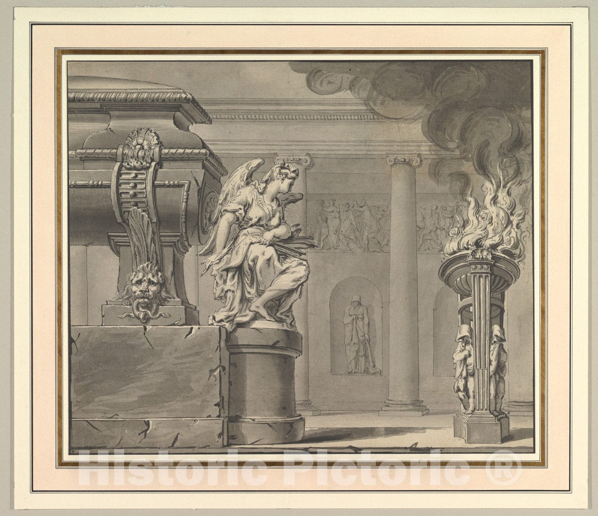 Art Print : Gilles-Marie Oppenord - Classical Scene with a Tomb and Flaming Brazier : Vintage Wall Art