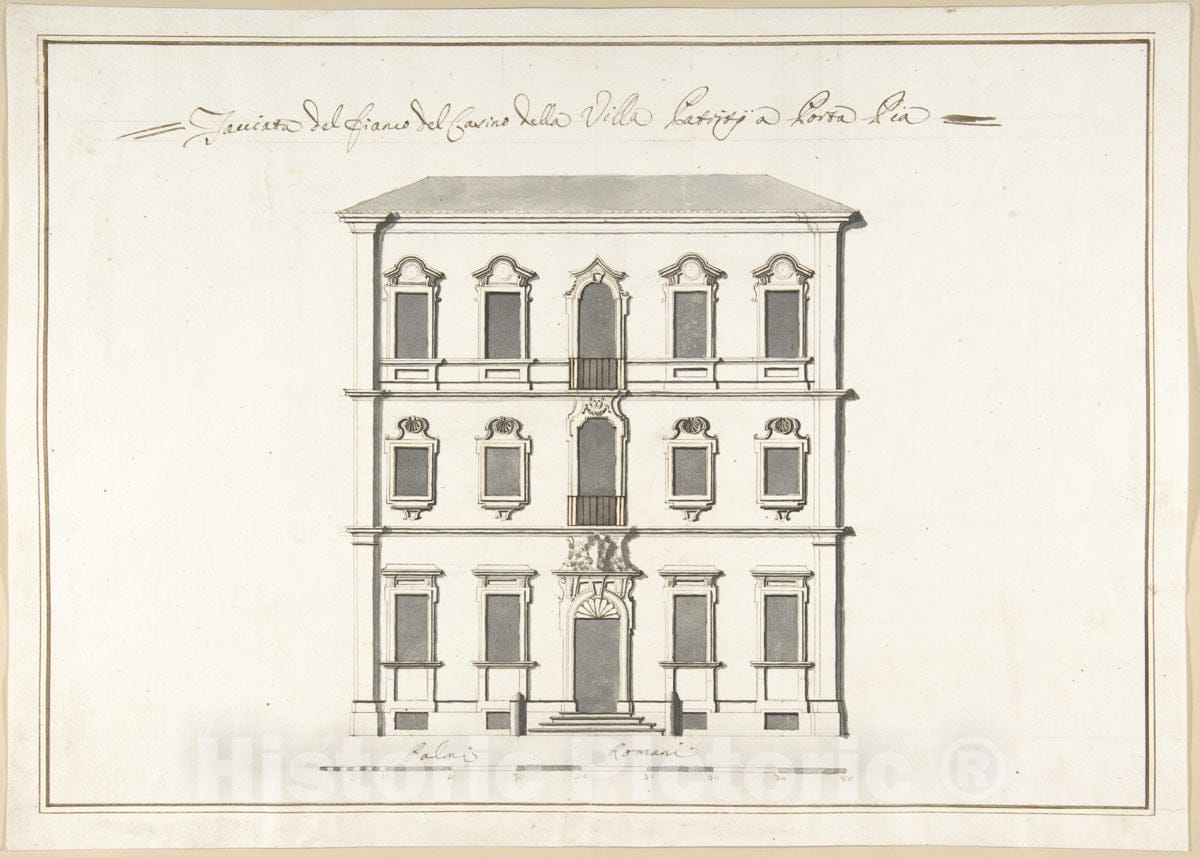 Art Print : Pietro Paolo Coccetti (Cocchetti) - Design of The Side Elevation for The Casino of The Villa Patritj Patritii at Porta Pia : Vintage Wall Art