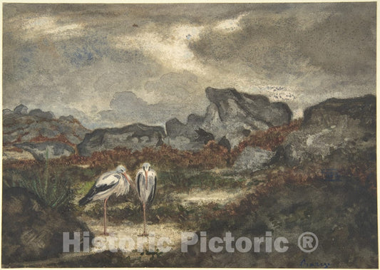 Art Print : Antoine-Louis Barye - Herons in Landscape : Vintage Wall Art