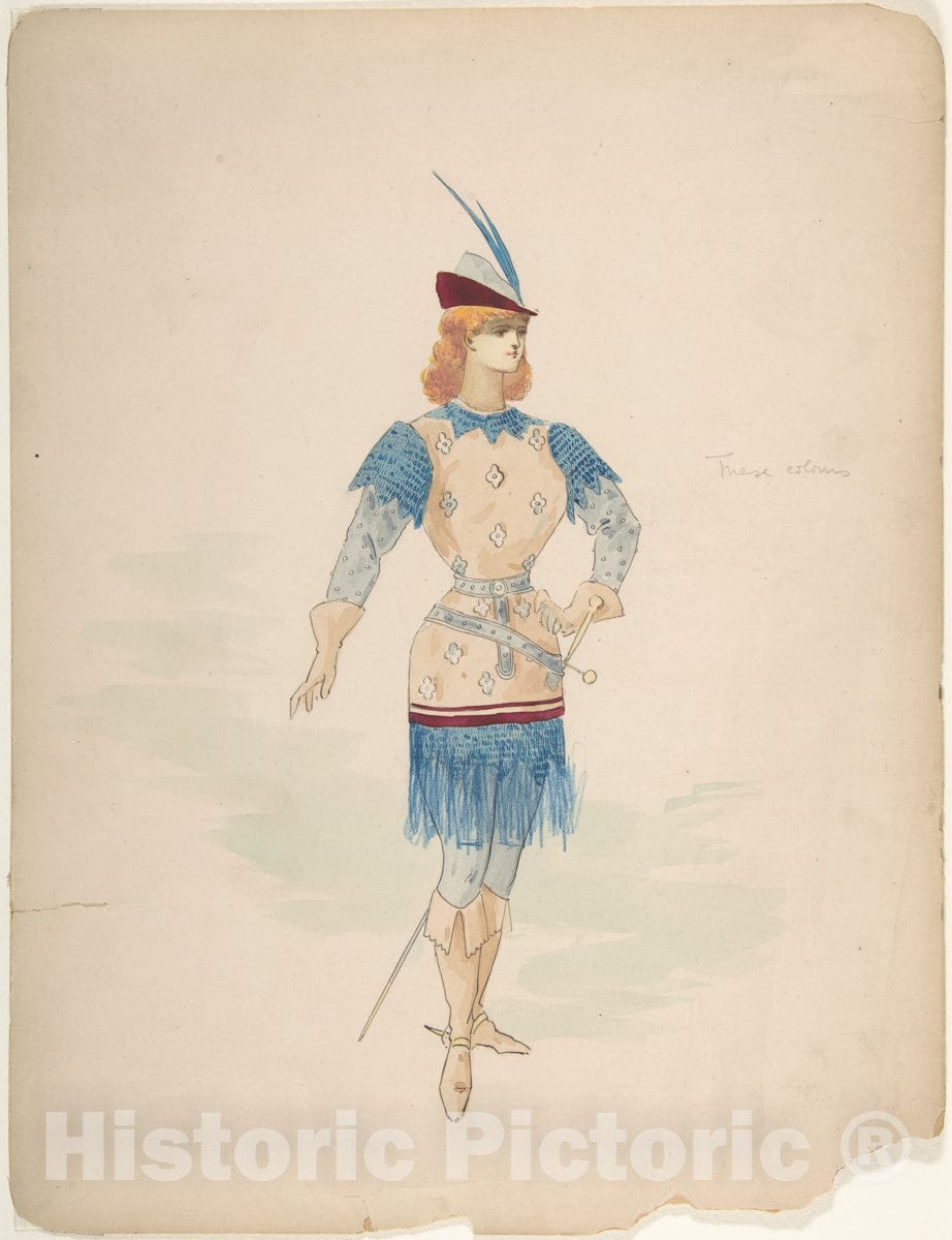 Art Print : Charles Bianchini - Costume Design for a Cavalier (?) in Blue and Burgundy with Feathered Cap and Sword : Vintage Wall Art
