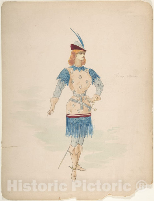 Art Print : Charles Bianchini - Costume Design for a Cavalier (?) in Blue and Burgundy with Feathered Cap and Sword : Vintage Wall Art