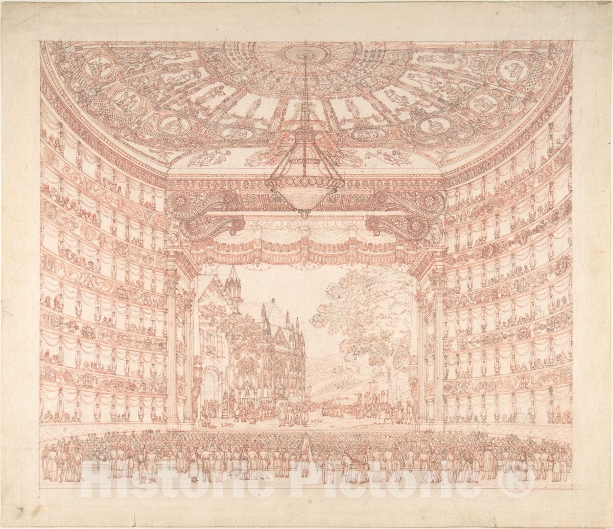Art Print : Italian, 19th Century - Stage Set with Peasants Meeting in Village Setting : Vintage Wall Art