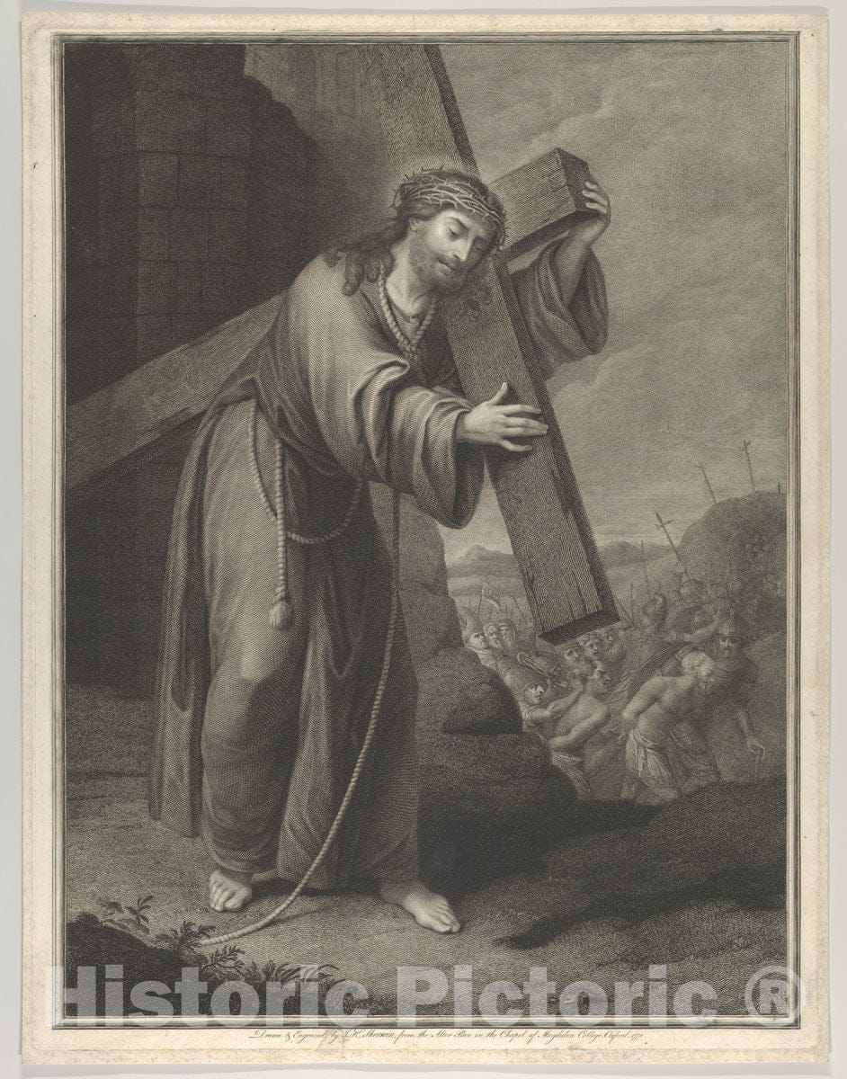 Art Print : John Keyse Sherwin - Christ Carrying The Cross, at Right The Two Thieves on The Road to Calvary, Two Crosses in The Background, After Reni (?) : Vintage Wall Art