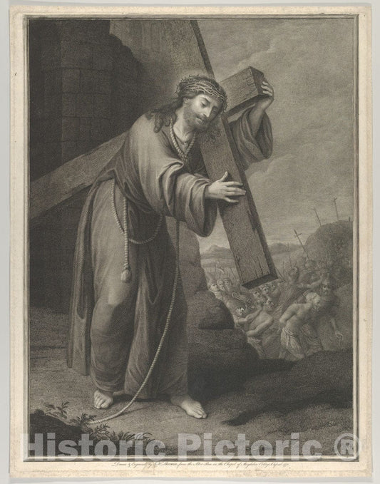 Art Print : John Keyse Sherwin - Christ Carrying The Cross, at Right The Two Thieves on The Road to Calvary, Two Crosses in The Background, After Reni (?) : Vintage Wall Art