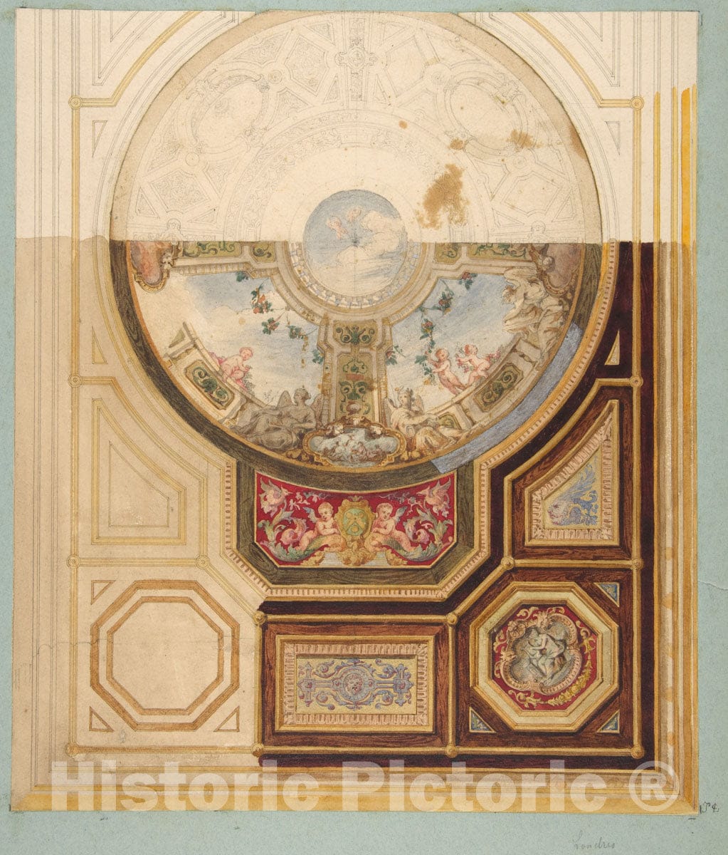 Art Print : Jules-Edmond-Charles Lachaise - Design for a Paneled Ceiling with a Trompe L'Oeil Dome in London : Vintage Wall Art