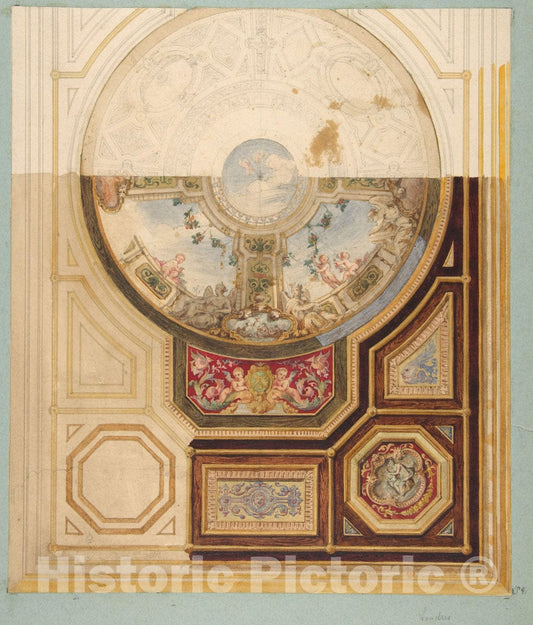 Art Print : Jules-Edmond-Charles Lachaise - Design for a Paneled Ceiling with a Trompe L'Oeil Dome in London : Vintage Wall Art