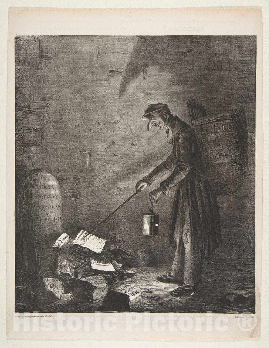 Art Print : Benard - Masked Man Using a Lantern to Collect Discarded Pamphlets by a Tombstone, published in Le Charivari : Vintage Wall Art