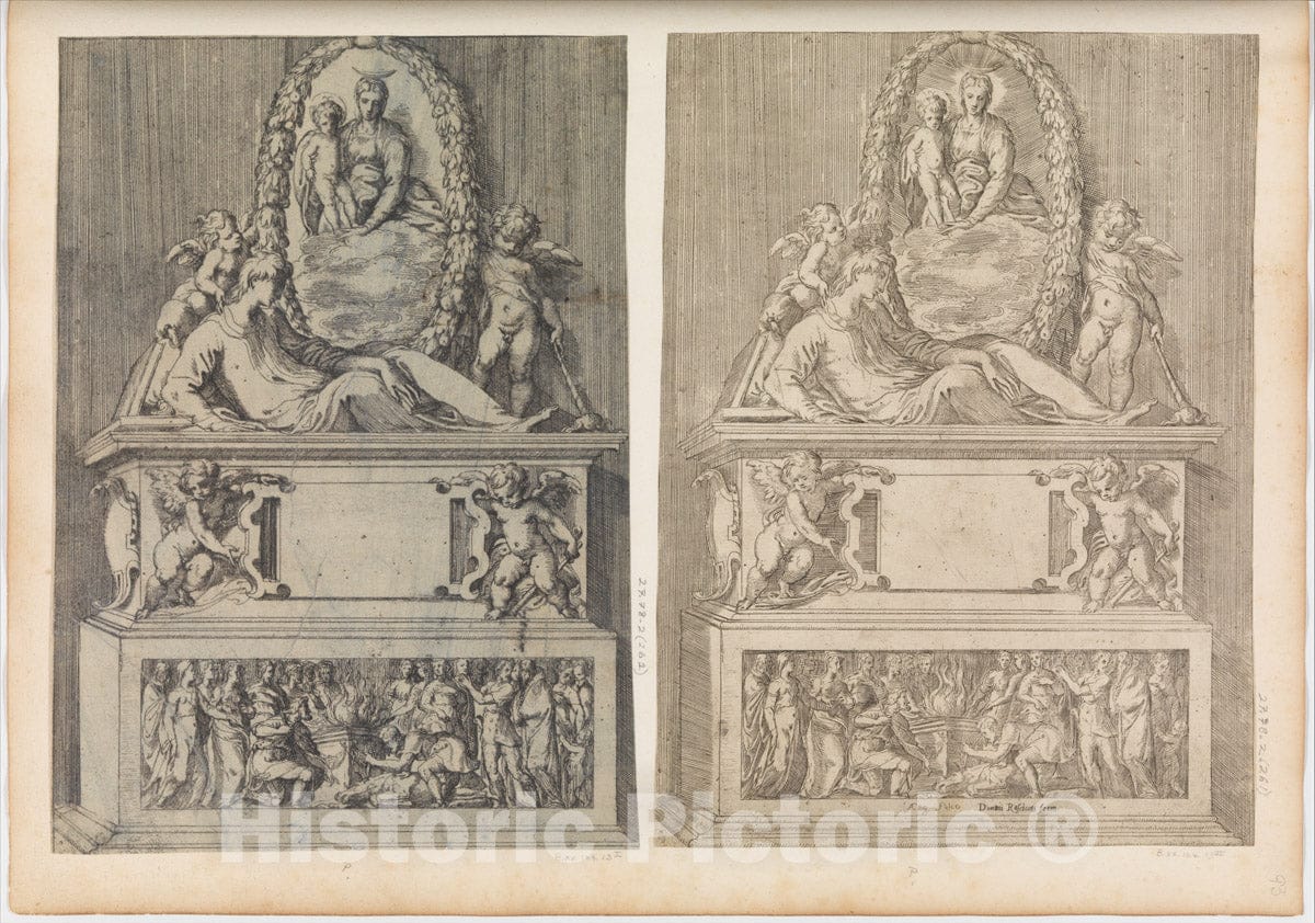 Art Print : Angiolo Falconetto - Tomb Surmounted by The Madonna and Child in an Oval Wreath : Vintage Wall Art