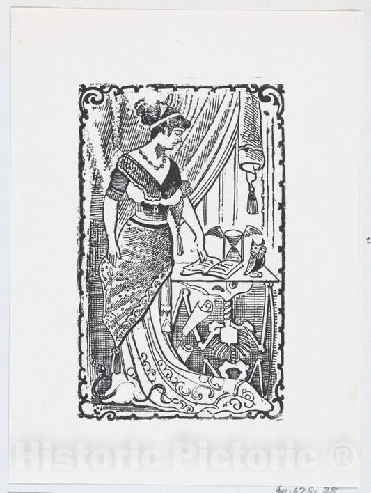 Art Print : José Guadalupe Posada - A Woman Pointing to a Book on a Desk with a Skeleton Underneath : Vintage Wall Art