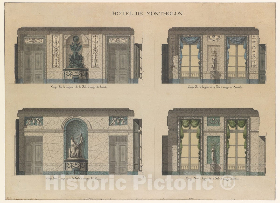Art Print : Jean Jacques Lequeu - Longitudinal and Cross Sections of The Dining Rooms of The Hôtel de Montholon : Vintage Wall Art