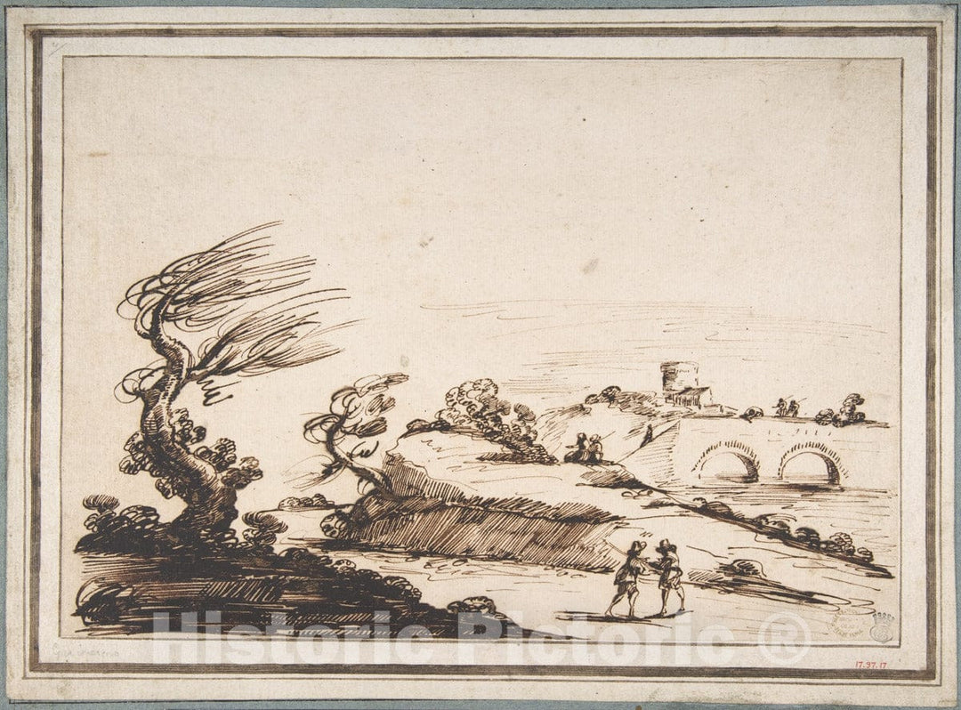 Art Print : Imitator of Guercino (Giovanni Francesco Barbieri) - Landscape with Figures and a Two-Arched Bridge : Vintage Wall Art