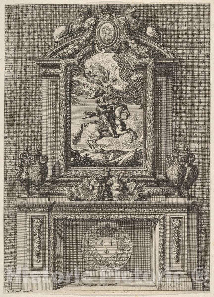 Art Print : Jean Le Pautre - Chimney with a Painting of Louis XIV Over The Mantle, from 'Grandes Cheminée' : Vintage Wall Art