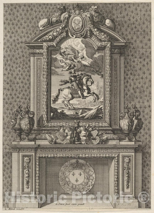 Art Print : Jean Le Pautre - Chimney with a Painting of Louis XIV Over The Mantle, from 'Grandes Cheminée' : Vintage Wall Art