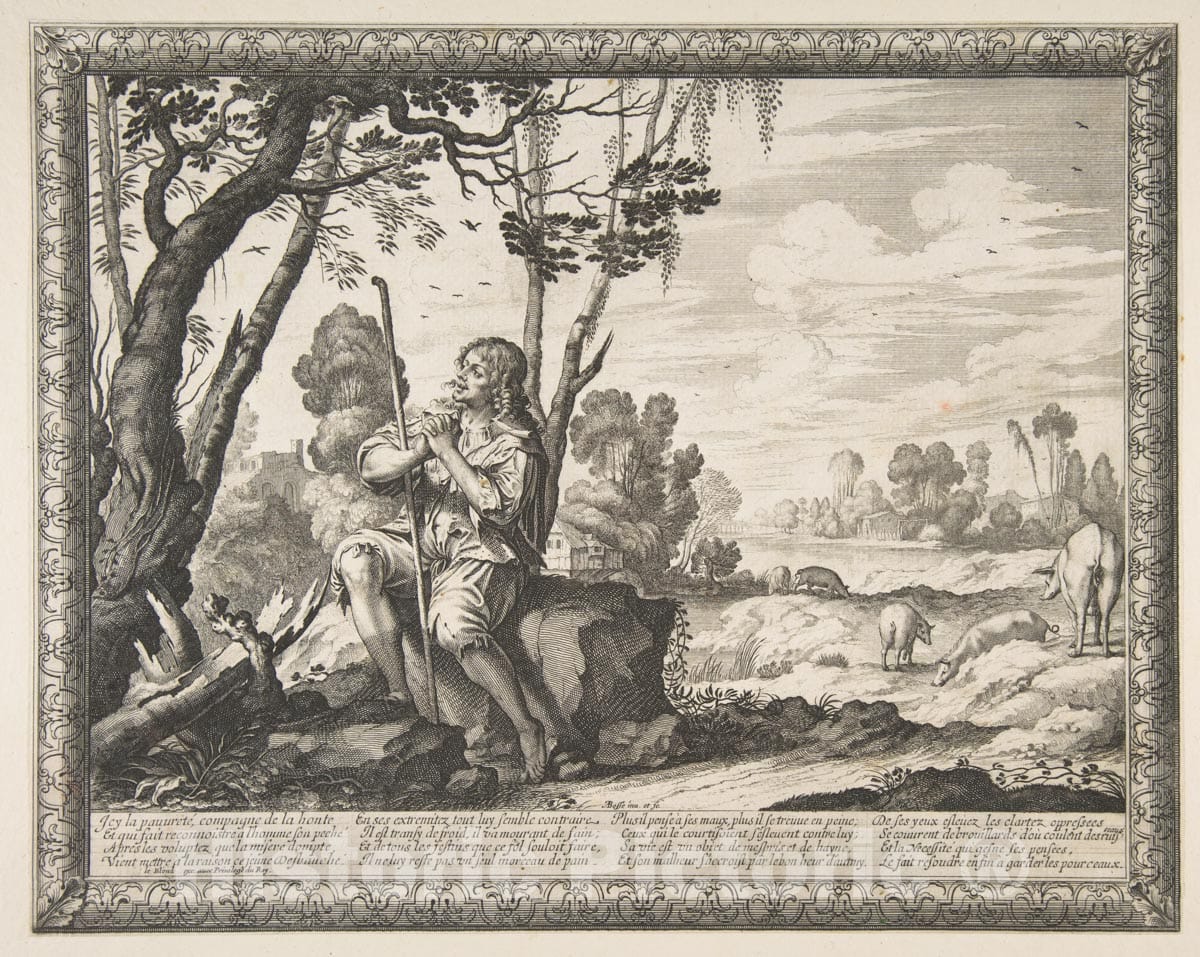 Art Print : Abraham Bosse - The Prodigal Son Guarding Pigs (L'Enfant prodigue Garde les cochons) : Vintage Wall Art