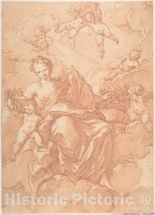Art Print : Italian, Roman-Bolognese, 17th Century - Female Allegorical Figure with Cherubs(?) : Vintage Wall Art