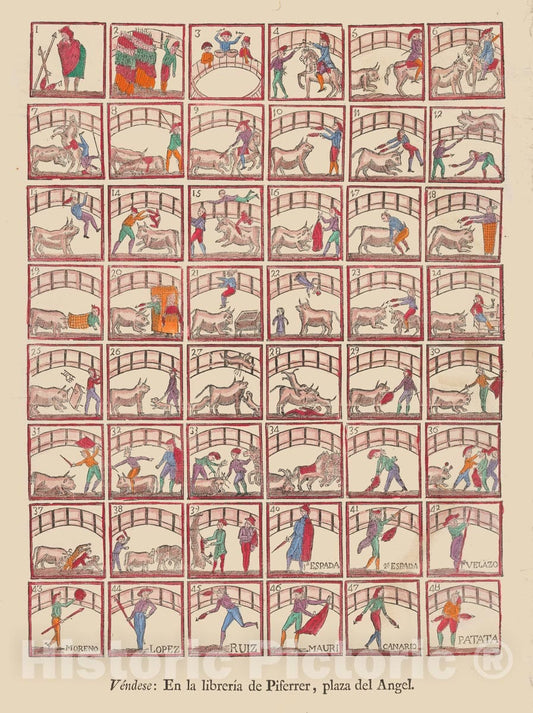Art Print : Anonymous - Forty-Eight vignettes of Bullfighting manoeuvers and Scenes from The Ring : Vintage Wall Art
